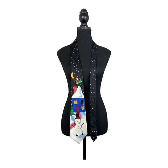 Vintage Jingle Bells Snow Man Santa Christmas Tie - Picture 1 of 4